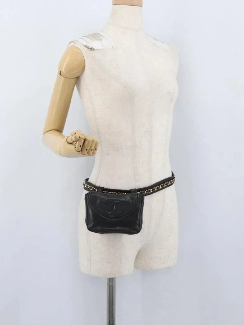 CHANEL COCO Mark Chain Waist Bag Lamb Skin Black Gold CC Auth BA11165